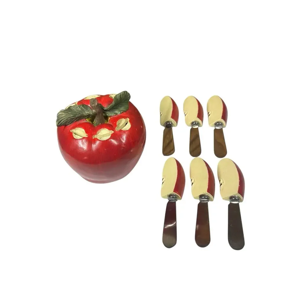 Vtg Red Apple Slice Spreader Knives Set Polyresin Holder Cheese Jam Farmhouse